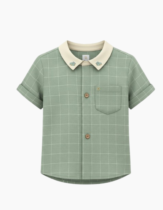 Kids Mint Checkered Shirt with Contrast Collar